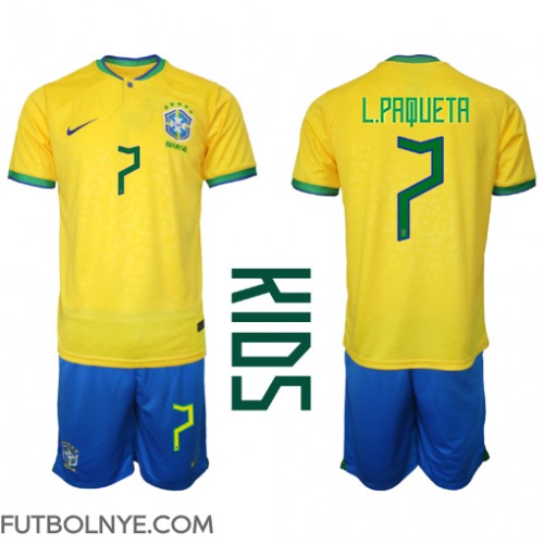 Camiseta Brasil Lucas Paqueta #7 Primera Equipación para niños Mundial 2022 manga corta (+ pantalones cortos)